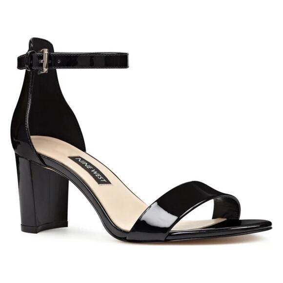 Nine West Women's Black Patent Pruce Ankle Strap Block Heel Sandals Size 8.5M - Picture 1 of 10
